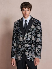 Black Multi Floral Slim Fit Sequin Velvet Blazer - Image 4 of 7