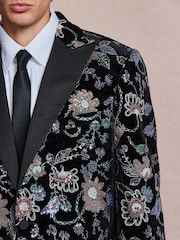 Black Multi Floral Slim Fit Sequin Velvet Blazer - Image 5 of 7