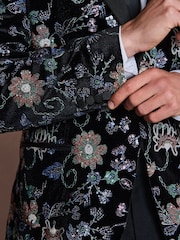 Black Multi Floral Slim Fit Sequin Velvet Blazer - Image 6 of 7