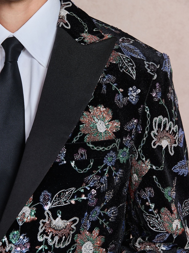 Black Multi Floral Slim Fit Sequin Velvet Blazer - Image 7 of 7 Black Multi Floral Slim Fit Sequin Velvet Blazer - Image 7 of 7