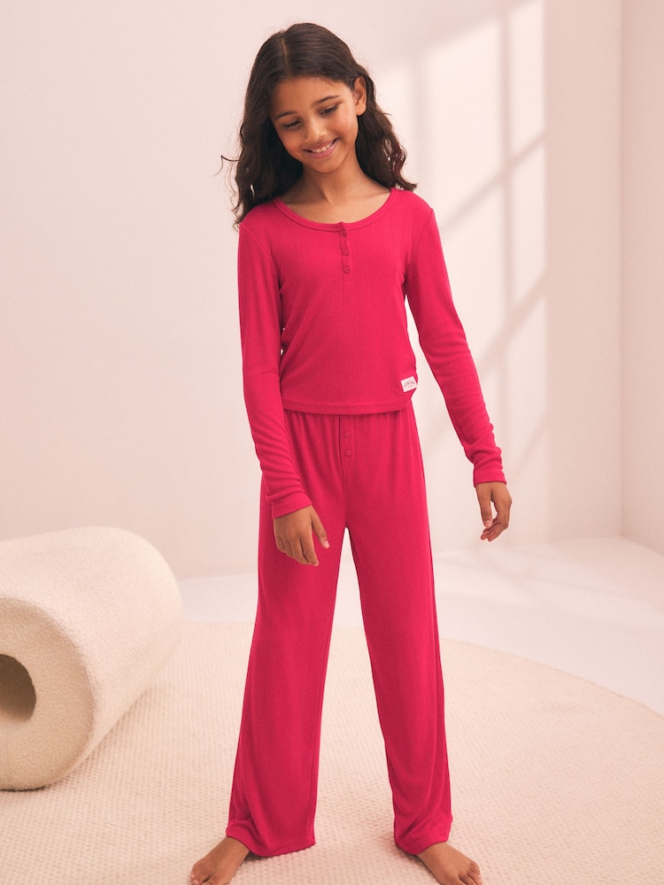 Red Pointelle Henley Wide Leg Pyjamas 1 Pack (3-16yrs) - Image 2 of 9 Red Pointelle Henley Wide Leg Pyjamas 1 Pack (3-16yrs) - Image 2 of 9