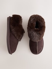 Chocolate Brown Suede Faux Fur Lined Mini Boot Slippers - Image 1 of 5