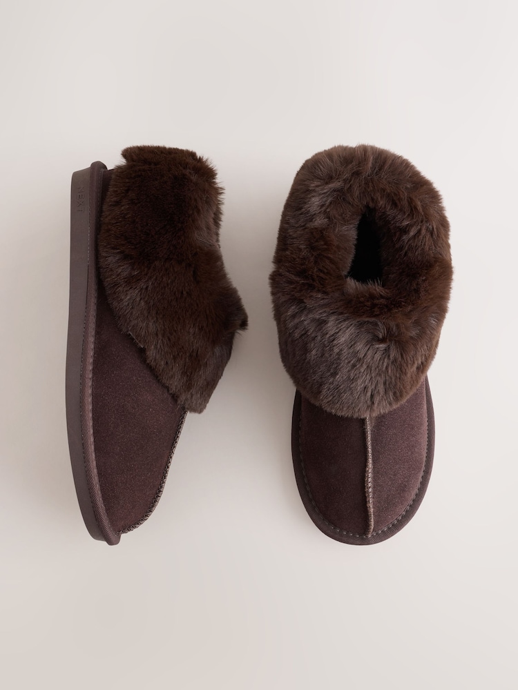 Chocolate Brown Suede Faux Fur Lined Mini Boot Slippers - Image 1 of 5 Chocolate Brown Suede Faux Fur Lined Mini Boot Slippers - Image 1 of 5