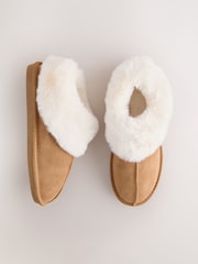 Tan Brown Suede Faux Fur Lined Mini Boot Slippers - Image 1 of 6