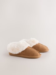 Tan Brown Suede Faux Fur Lined Mini Boot Slippers - Image 2 of 6