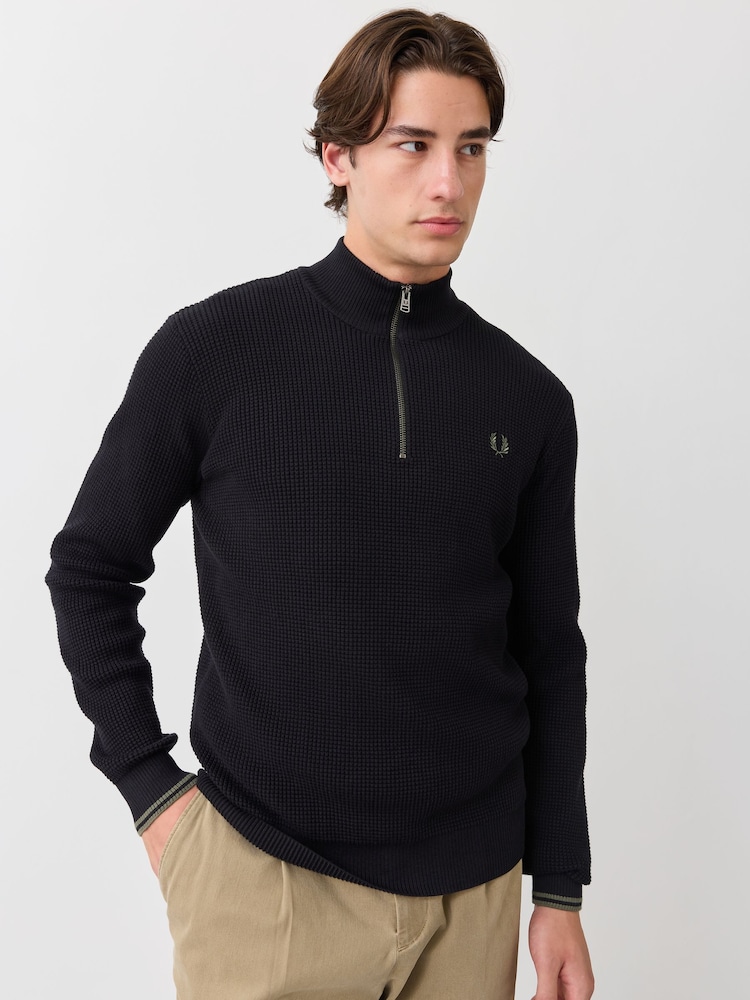 Черный - Джемпер с короткой молнией из вафельного трикотажа Fred Perry - Изображение 1 6