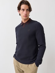 Fred Perry Blue Longsleeve Jacquard Polo Shirt - Image 1 of 6