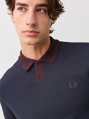 Fred Perry Blue Longsleeve Jacquard Polo Shirt - Image 4 of 6