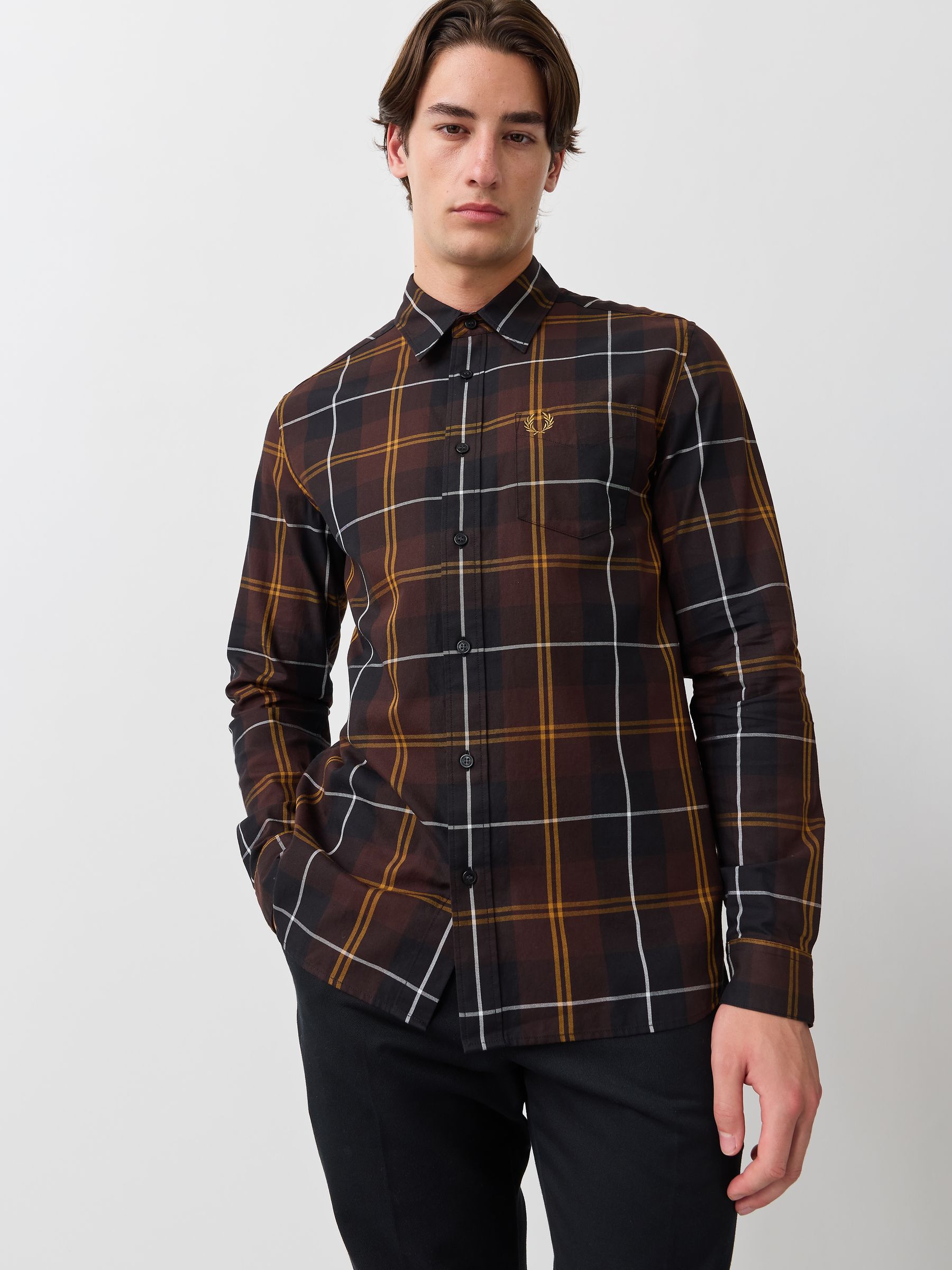 Fred Perry Men's Brown Poplin Tartan Shirt