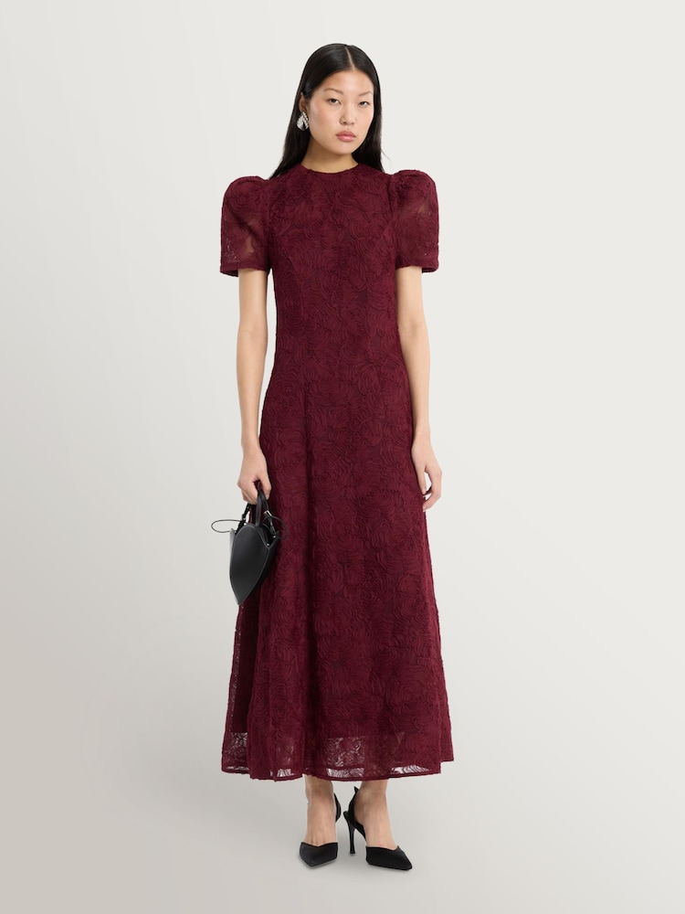 Rotate Red Flower Mesh Flared Dress - Image 1 of 5 Rotate Red Flower Mesh Flared Dress - Image 1 of 5