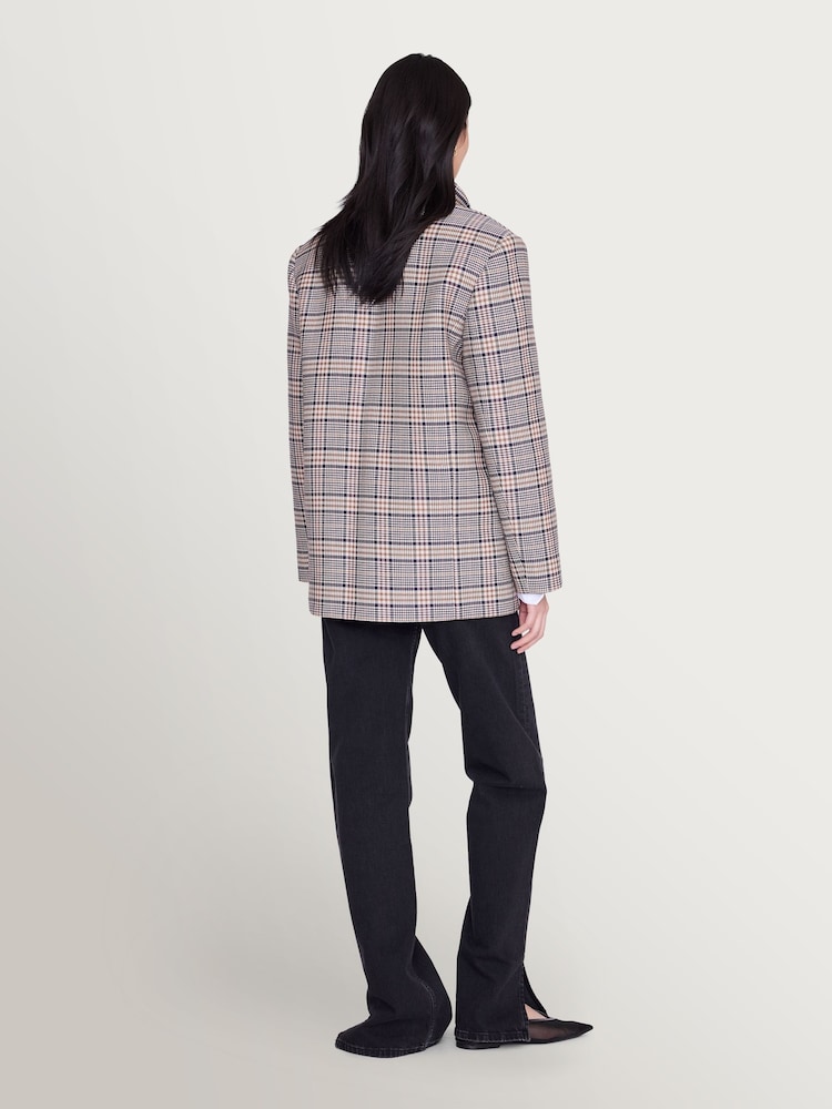 ANINE BING Grey Quinn Blazer in Beige and Navy Checks Jacket - Image 2 of 6 ANINE BING Grey Quinn Blazer in Beige and Navy Checks Jacket - Image 2 of 6