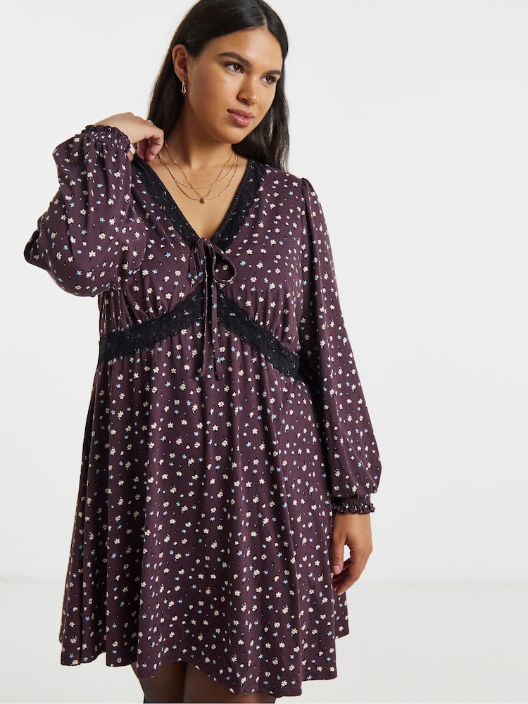 Simply Be Brown Lace Trim Supersoft Skater Dress - Image 1 of 4 Simply Be Brown Lace Trim Supersoft Skater Dress - Image 1 of 4