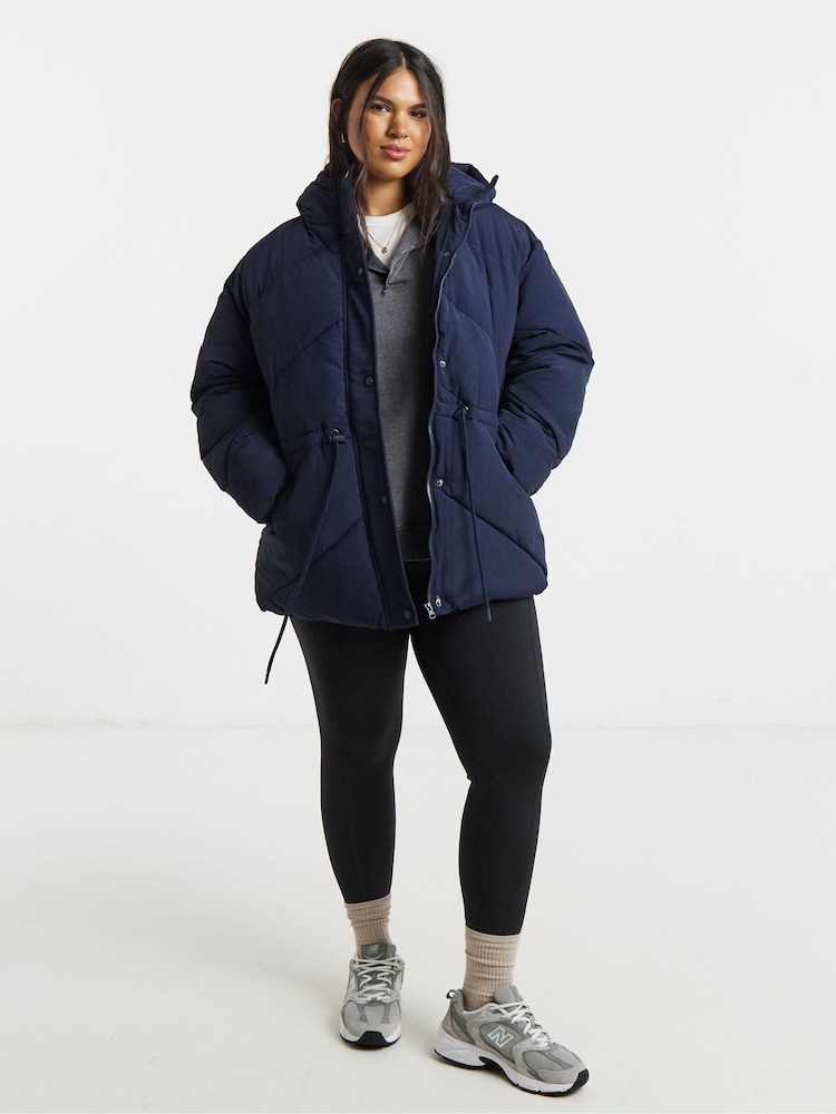 Simply Be Blue Navy Waisted Detail Padded Coat - Image 1 of 4