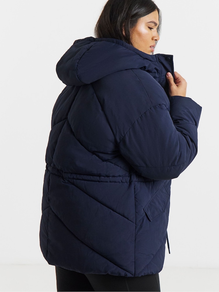 Simply Be Blue Navy Waisted Detail Padded Coat - Image 2 of 4