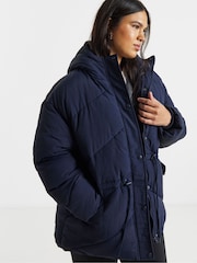 Simply Be Blue Navy Waisted Detail Padded Coat - Image 3 of 4