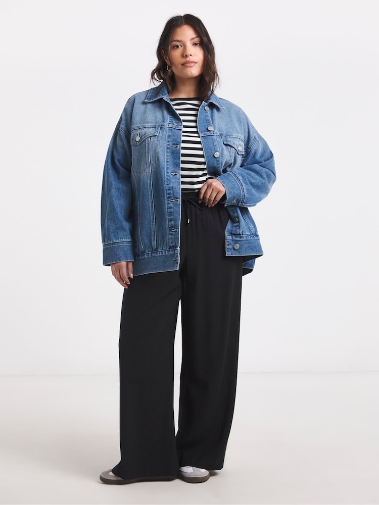 Simply Be Black Tie Waist Twill Wide Leg Trousers - Image 1 of 4