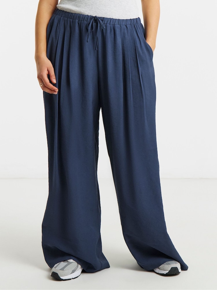 Simply Be Blue Pleated Twill Palazzo Trousers - Image 1 of 4