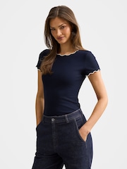 Forever New Blue Rebecca Scallop Trim T-Shirt - Image 4 of 5