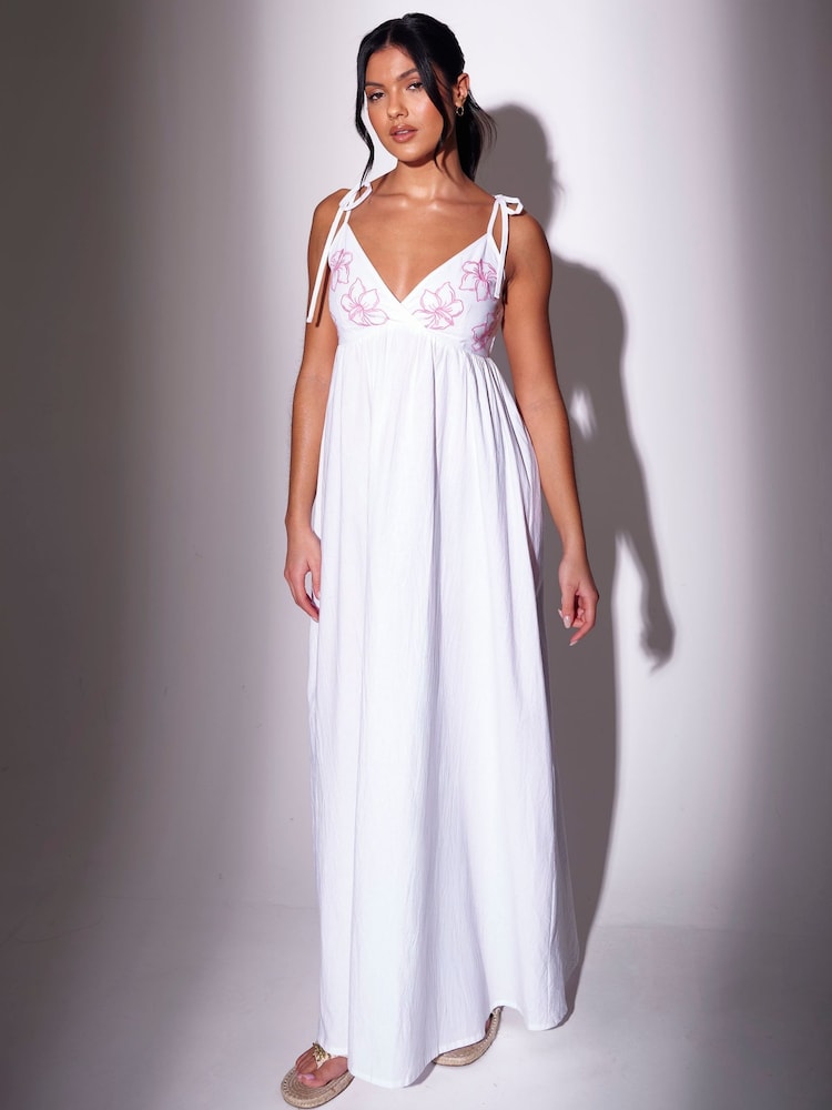 South Beach White Embroidered Flower Tie Shoulder Maxi Dress - Image 1 of 5