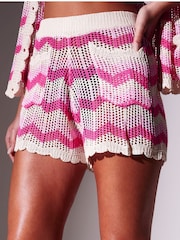 South Beach Pink Knitted Crochet Chevron Beach Shorts - Image 3 of 5