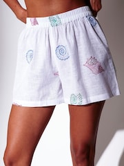 South Beach White Sequin Seashell Embroidered Beach Shorts - Image 3 of 5