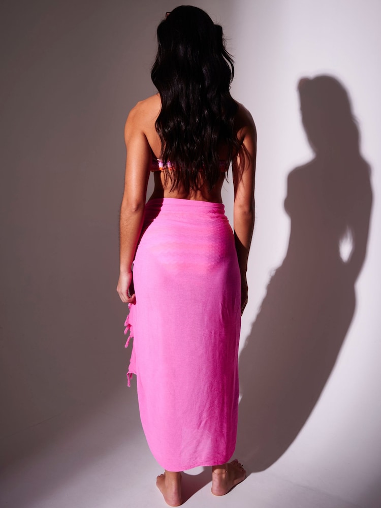 South Beach Pink Crinkle Viscose Fringed Sarong Cover-Up - Image 2 of 4