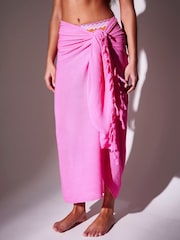 South Beach Pink Crinkle Viscose Fringed Sarong Cover-Up - Image 3 of 4