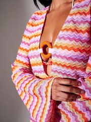 South Beach Pink Chevron Crochet Flare Sleeve Beaded Trim Mini Kaftan - Image 3 of 4