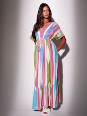 South Beach Pink Stripe Jacquard Short Sleeve Maxi Dress - Image 1 of 5