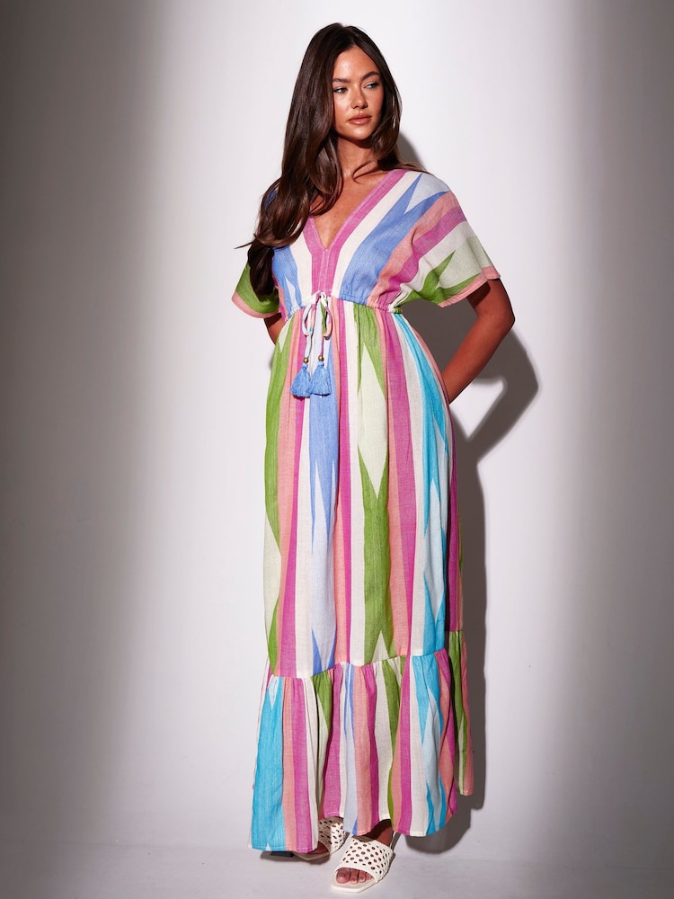 South Beach Pink Stripe Jacquard Short Sleeve Maxi Dress - Image 1 of 5