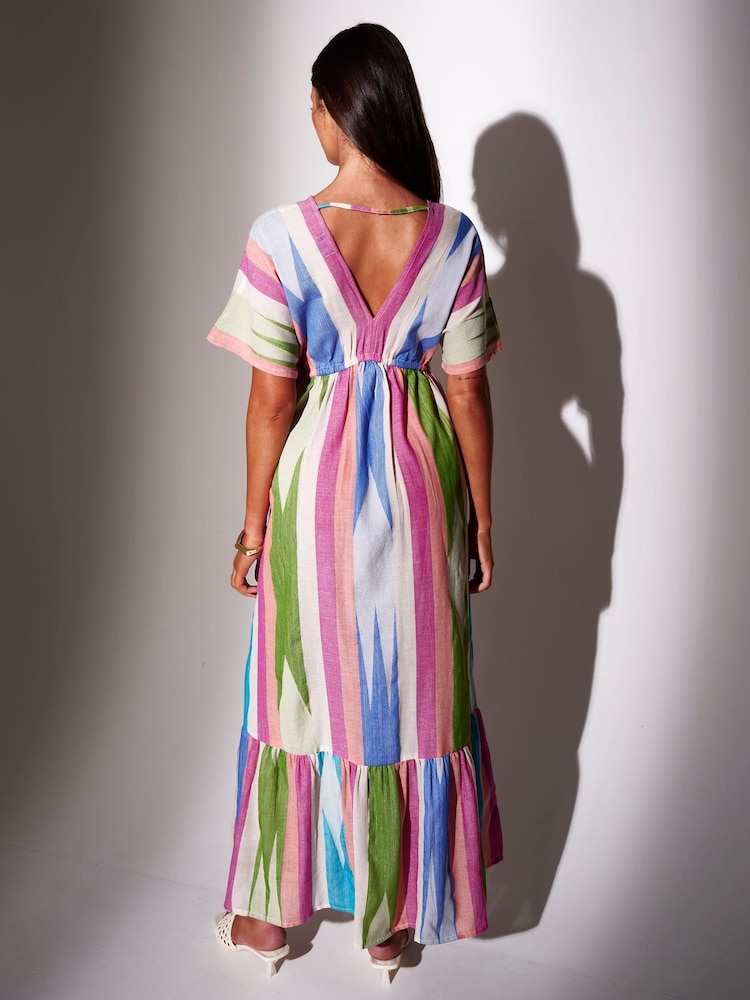 South Beach Pink Stripe Jacquard Short Sleeve Maxi Dress - Image 2 of 5