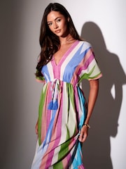 South Beach Pink Stripe Jacquard Short Sleeve Maxi Dress - Image 3 of 5