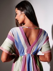 South Beach Pink Stripe Jacquard Short Sleeve Maxi Dress - Image 4 of 5