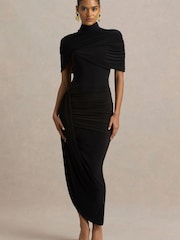 Club L London Black Enchant Asymmetric Twisted Cape Midi Dress - Image 1 of 5