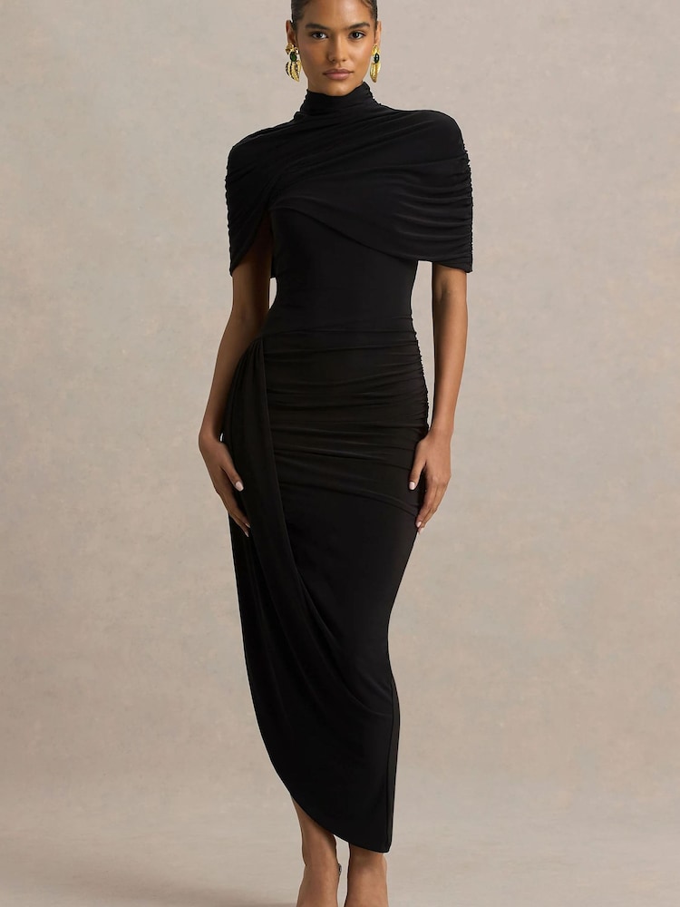 Club L London Black Enchant Asymmetric Twisted Cape Midi Dress - Image 1 of 5