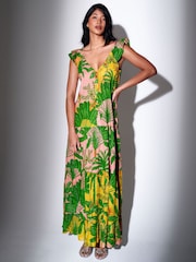 South Beach Green Metallic Stripe Palm Printed Button Front Tiered Maxi Dress - Image 1 of 4