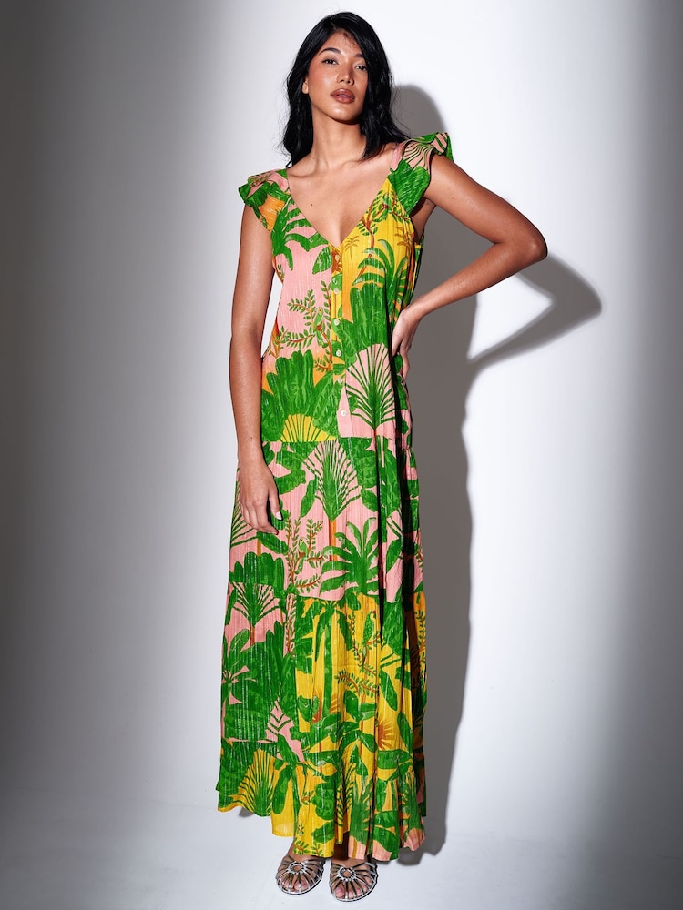 South Beach Green Metallic Stripe Palm Printed Button Front Tiered Maxi Dress - Image 1 of 4
