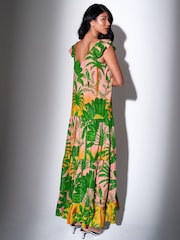 South Beach Green Metallic Stripe Palm Printed Button Front Tiered Maxi Dress - Image 2 of 4