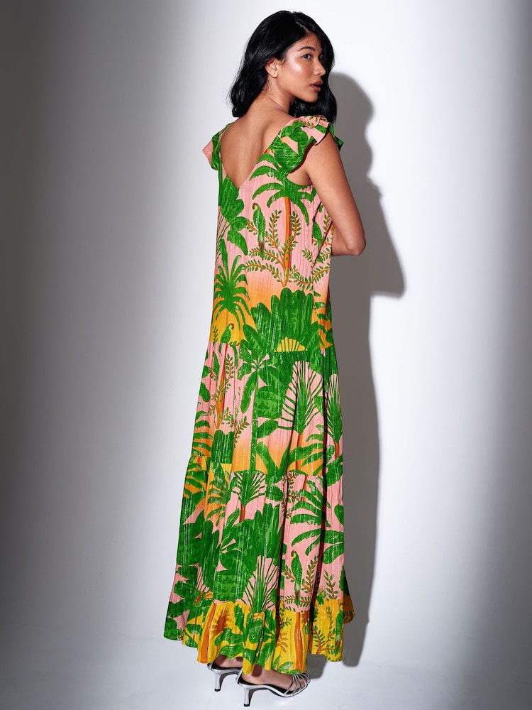 South Beach Green Metallic Stripe Palm Printed Button Front Tiered Maxi Dress - Image 2 of 4