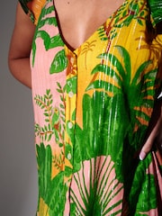 South Beach Green Metallic Stripe Palm Printed Button Front Tiered Maxi Dress - Image 3 of 4