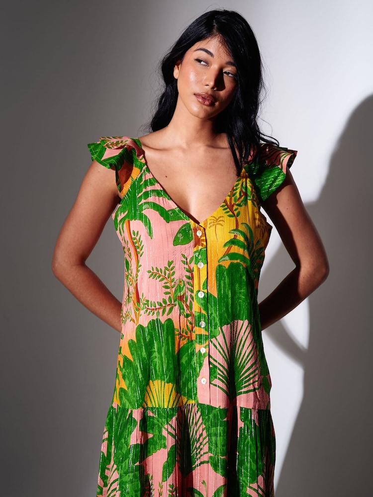 South Beach Green Metallic Stripe Palm Printed Button Front Tiered Maxi Dress - Image 4 of 4