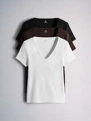 The Set 3 Pack Ribbed V-Neck T-Shirts Black/Chocolate Brown/White - Image 1 of 6
