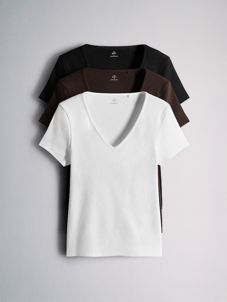 The Set 3 Pack Ribbed V-Neck T-Shirts Black/Chocolate Brown/White - Image 1 of 6