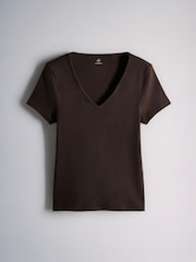 The Set 3 Pack Ribbed V-Neck T-Shirts Black/Chocolate Brown/White - Image 3 of 6