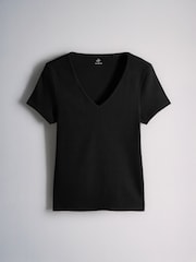 The Set 3 Pack Ribbed V-Neck T-Shirts Black/Chocolate Brown/White - Image 4 of 6