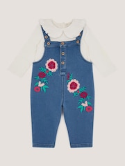 Monsoon Blue Baby Denim Dungaree & Rib Top Set - Image 1 of 3