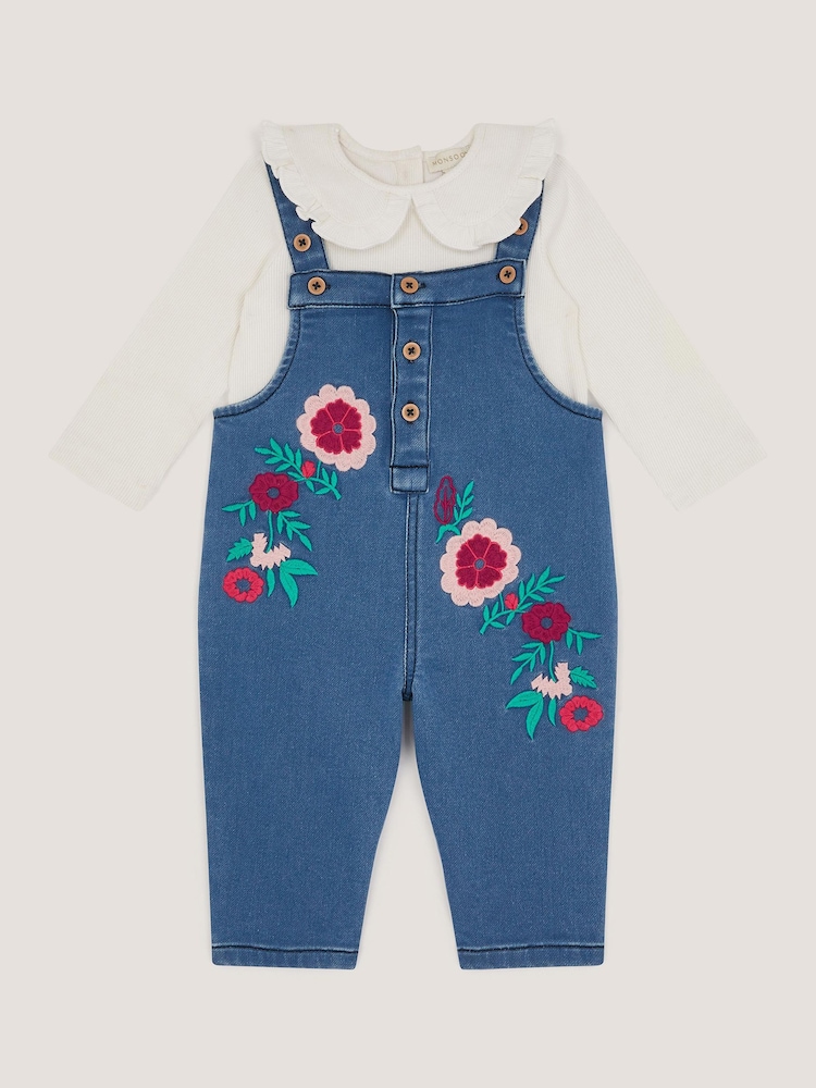 Monsoon Blue Baby Denim Dungaree & Rib Top Set - Image 1 of 3 Monsoon Blue Baby Denim Dungaree & Rib Top Set - Image 1 of 3
