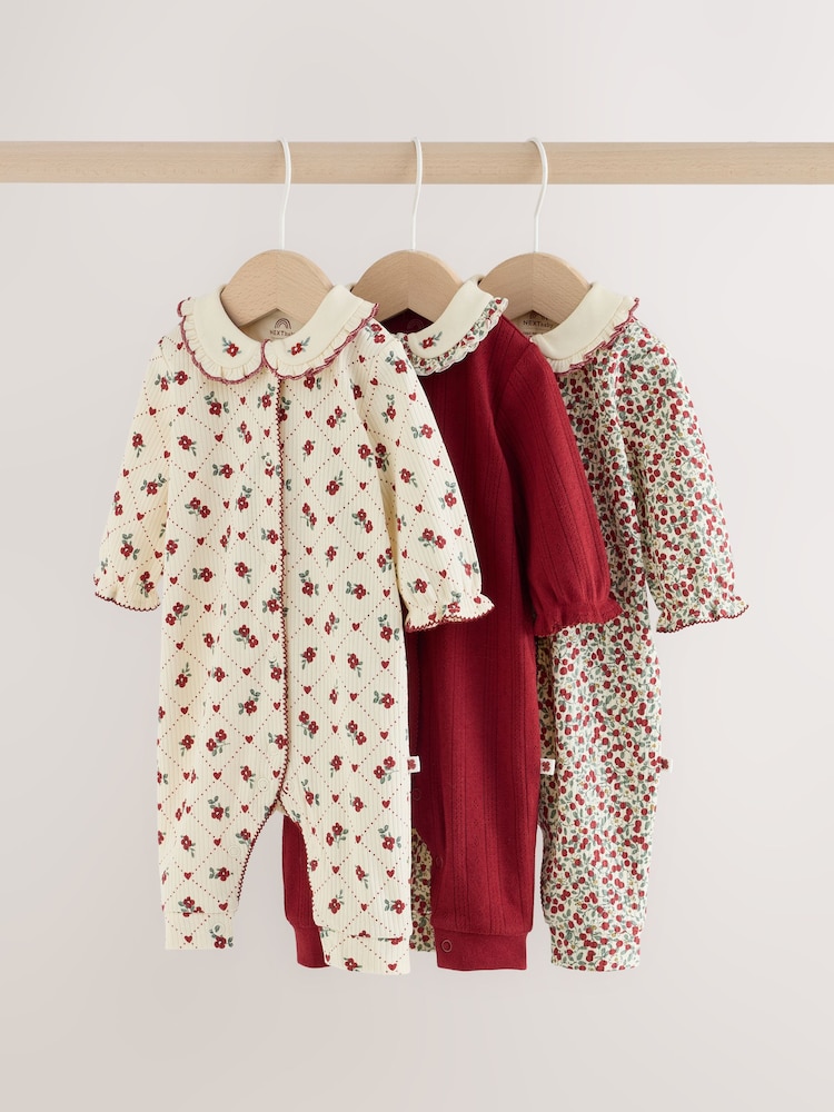 Berry Floral Collar Baby Sleepsuits 3 Pack (0mths-2yrs) - Image 1 of 13