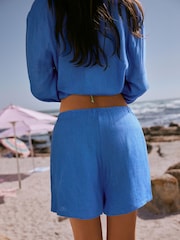 self. Cobalt Blue Beach Co-ord Shorts with Linen - Image 2 of 4