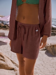 self. Chocolate Brown Beach Shorts with Linen - Image 1 of 4